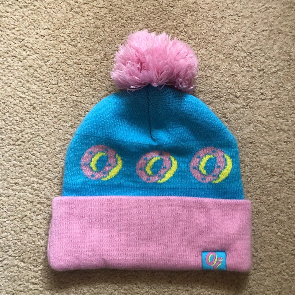 Blue and Pink Beanie with Donut Design